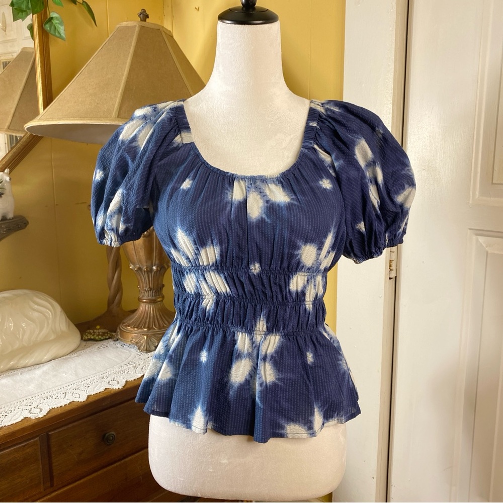Sea New York Isla Puff Sleeve Peplum Top Smocked Cottagecore Blue White Size XS